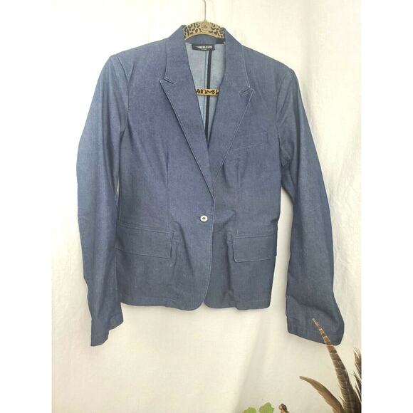 Y2k Express Top S Dark Blue Denim Jean Jacket Womens Fitted Blazer Size 3 4 Coat - Picture 2 of 5